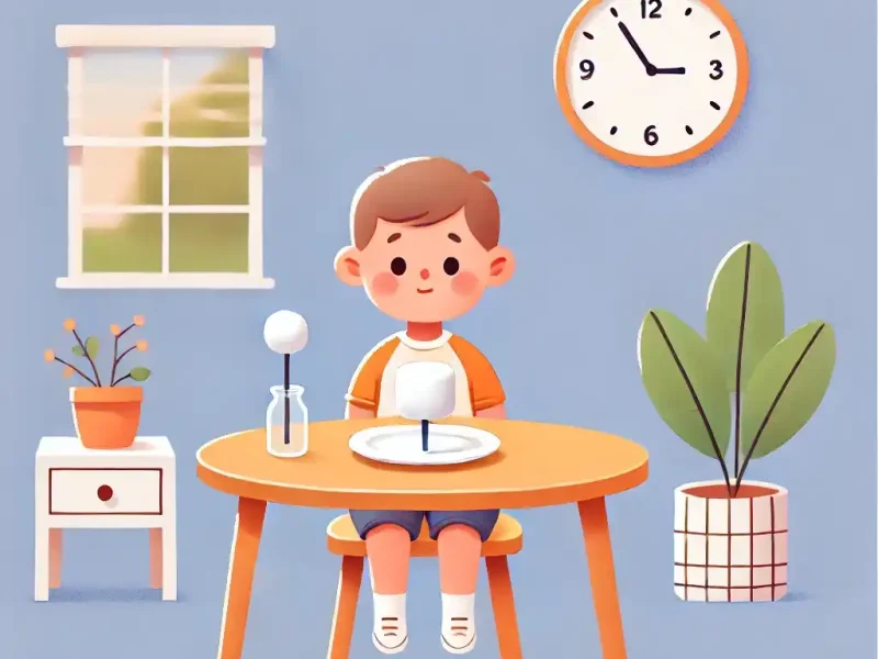 DALL·E 2025-03-22 22.57.24 – A simple, child-friendly setting for the marshmallow test experiment. A small table in a bright room with a single marshmallow placed on a plate in fr_1 آزمایش مارشمالو